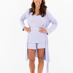 Woman modeling Lilac bamboo lounge robe with matching tank set 