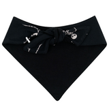 Back of Black dog bandana with white designs on a white background