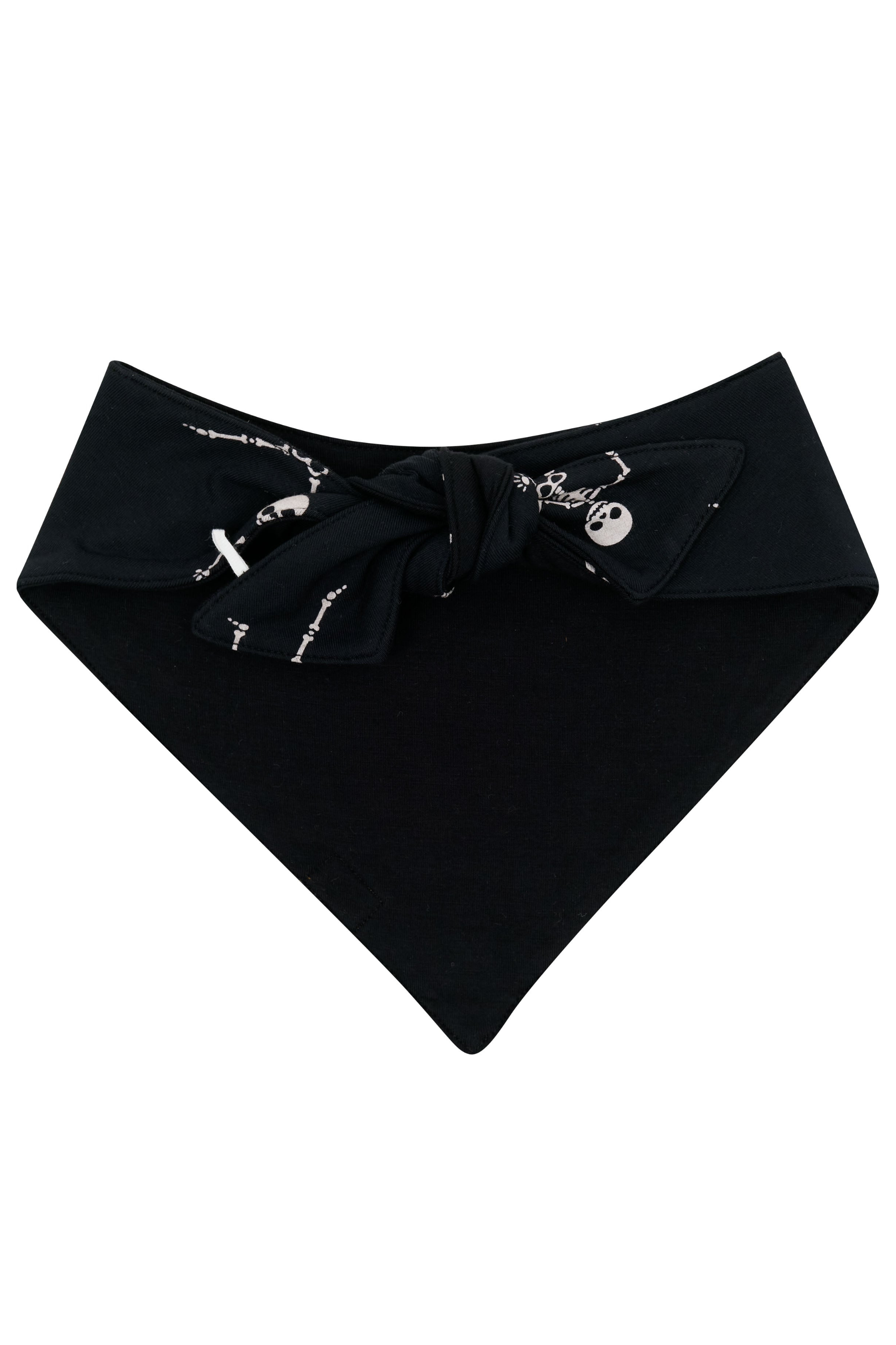 Back of Black dog bandana with white designs on a white background
