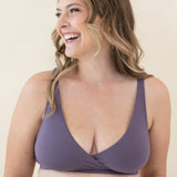 Woman modeling Women's Cross Front Bralette in Currant