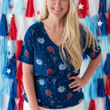 Woman modeling Women’s Relaxed Fit V-Neck in Celebration