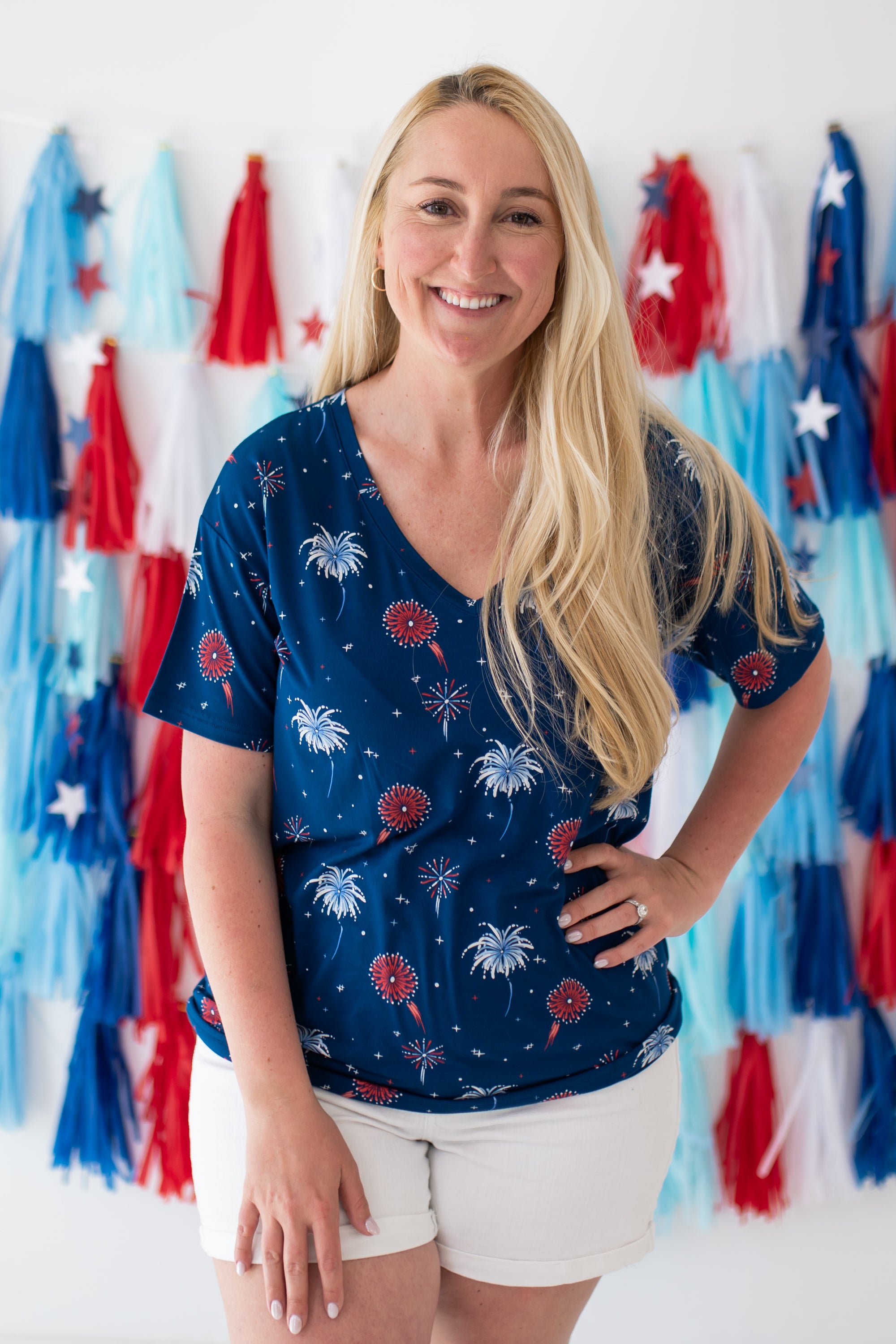 Woman modeling Women’s Relaxed Fit V-Neck in Celebration