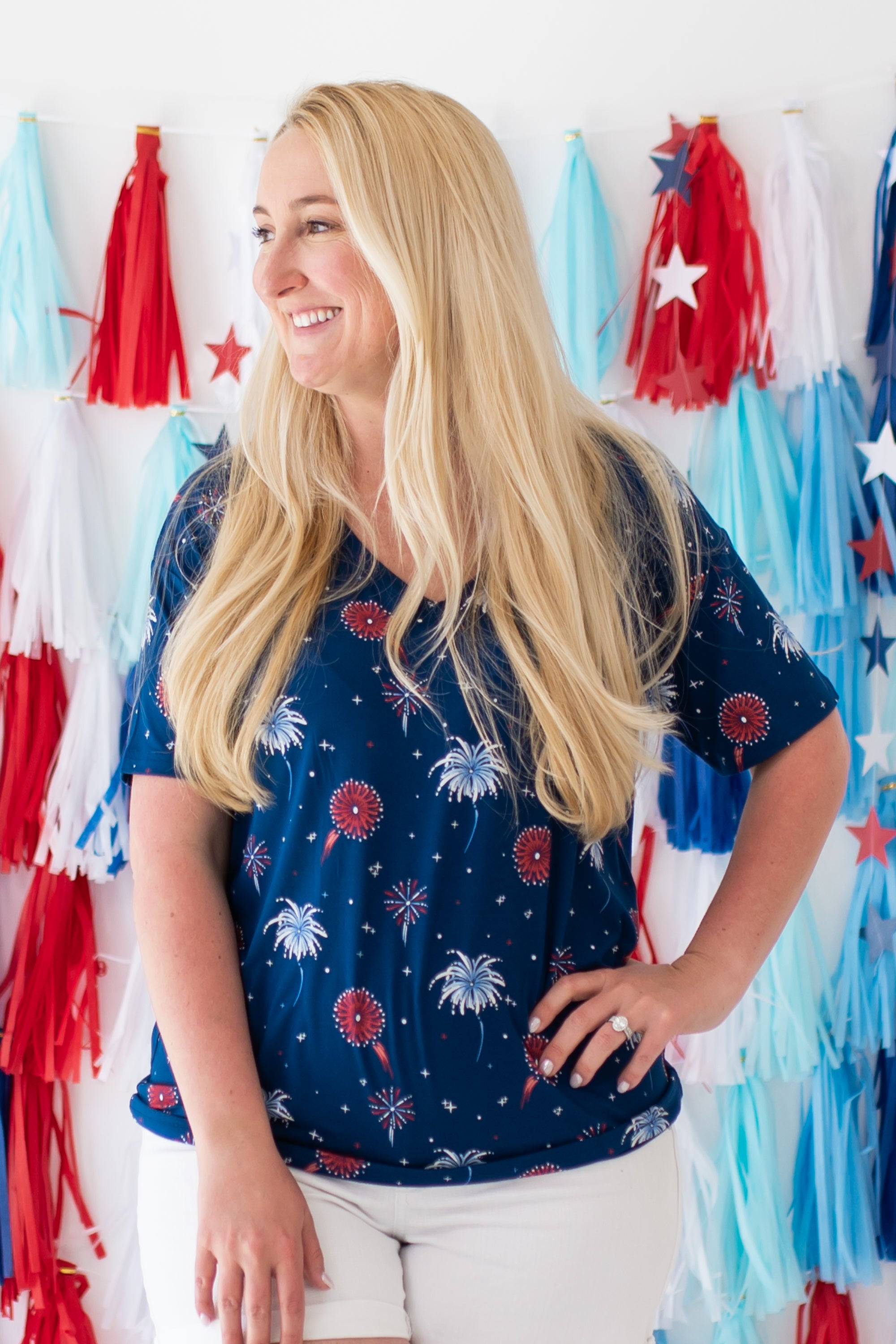 Woman modeling Women’s Relaxed Fit V-Neck in Celebration