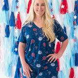 Woman modeling Women’s Relaxed Fit V-Neck in Celebration