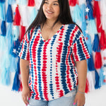 Woman modeling Women’s Relaxed Fit V-Neck in Liberty Rip Tide