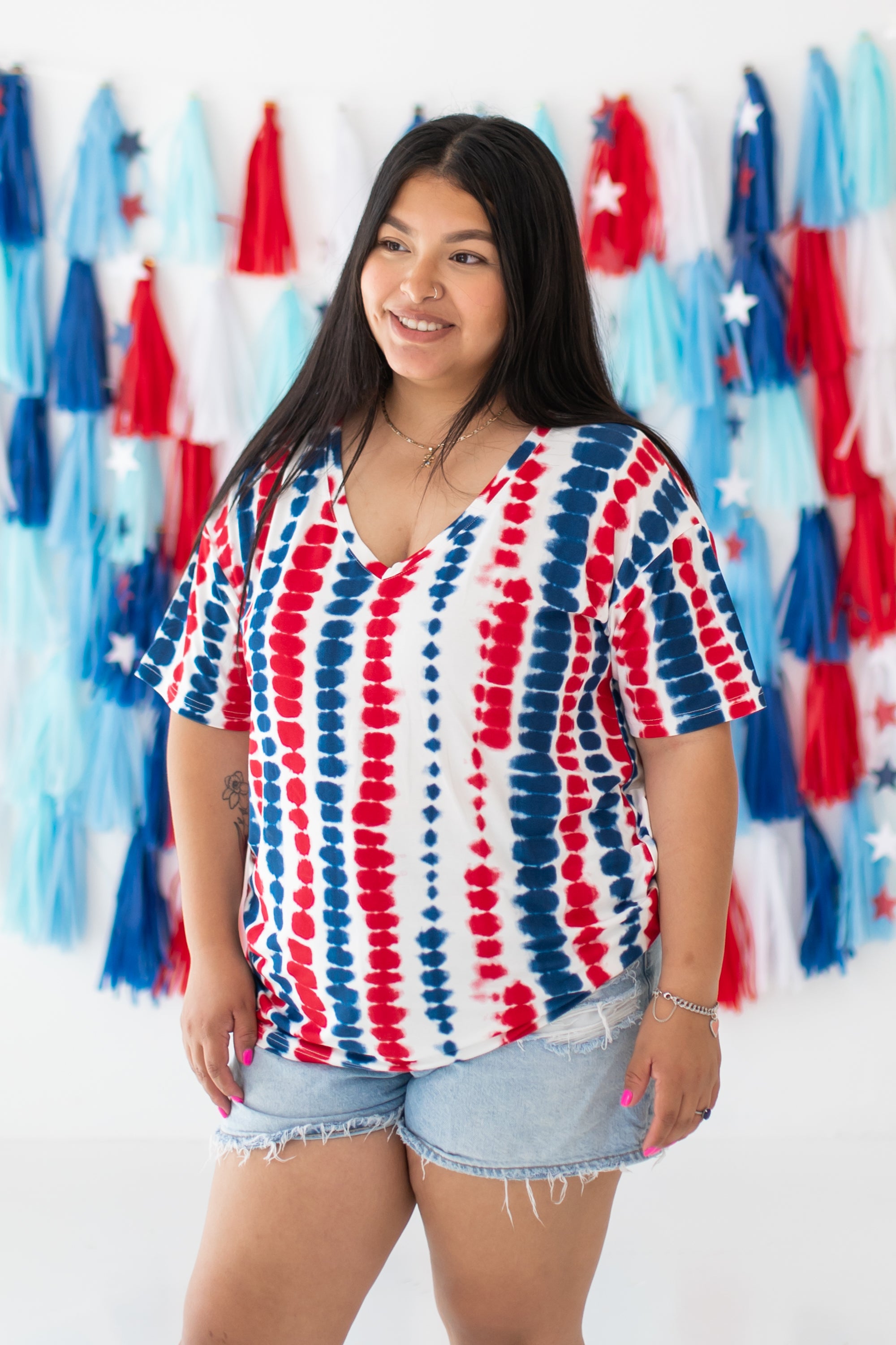 Woman modeling Women’s Relaxed Fit V-Neck in Liberty Rip Tide