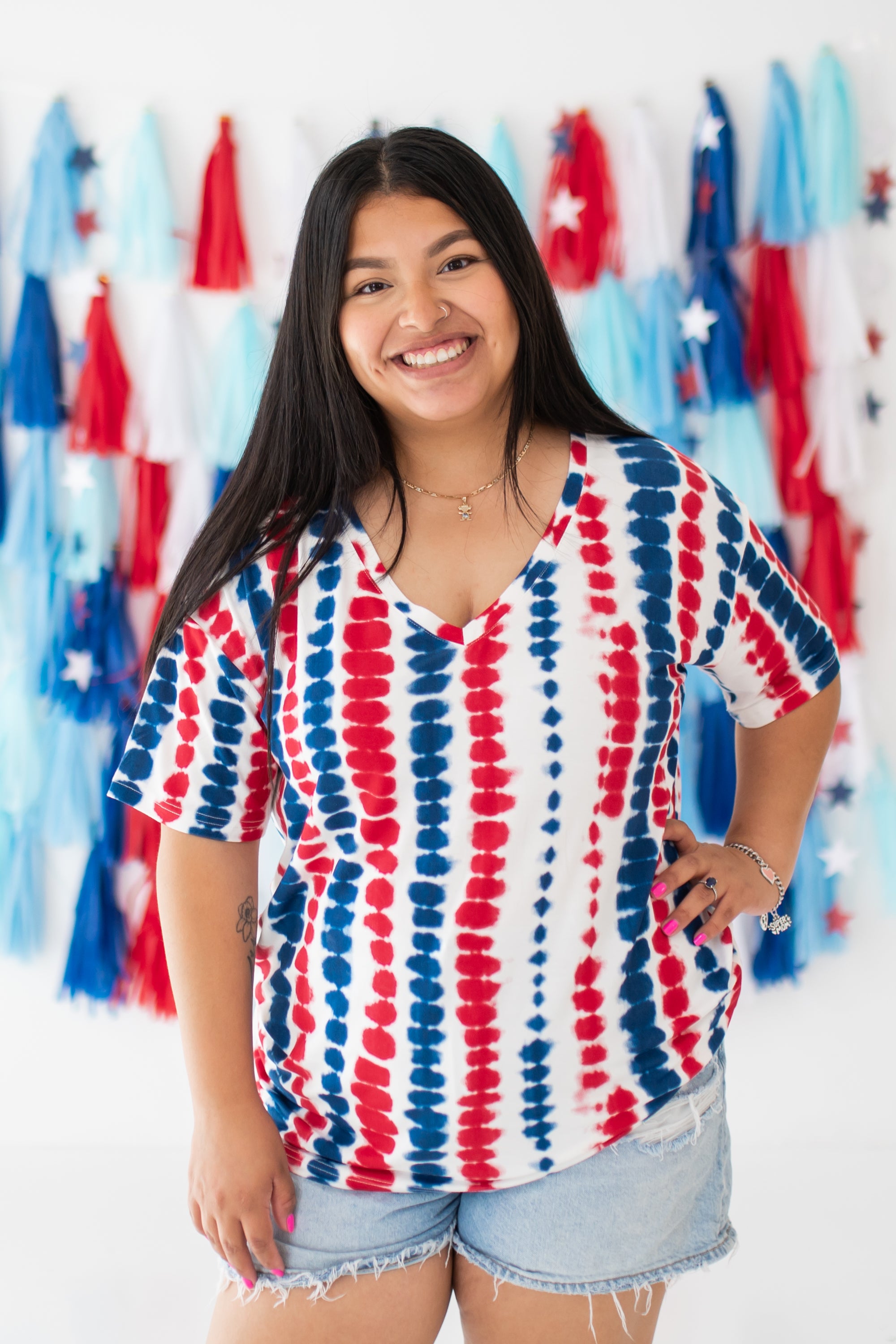 Woman modeling Women’s Relaxed Fit V-Neck in Liberty Rip Tide