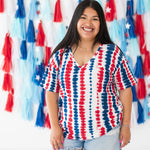 Woman modeling Women’s Relaxed Fit V-Neck in Liberty Rip Tide