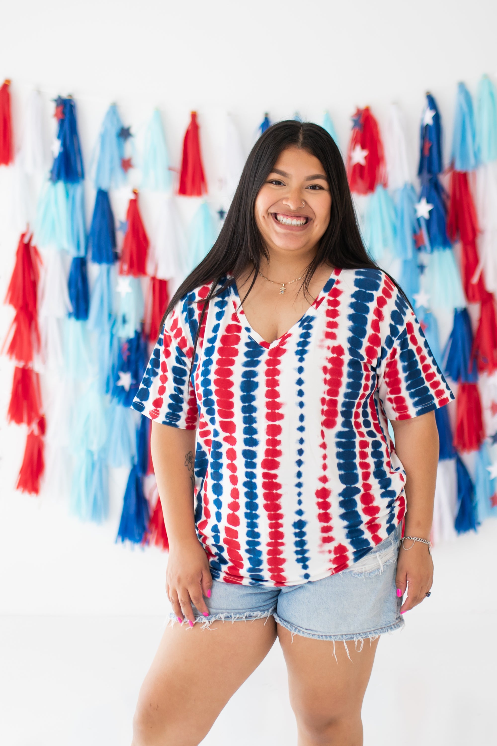 Woman modeling Women’s Relaxed Fit V-Neck in Liberty Rip Tide