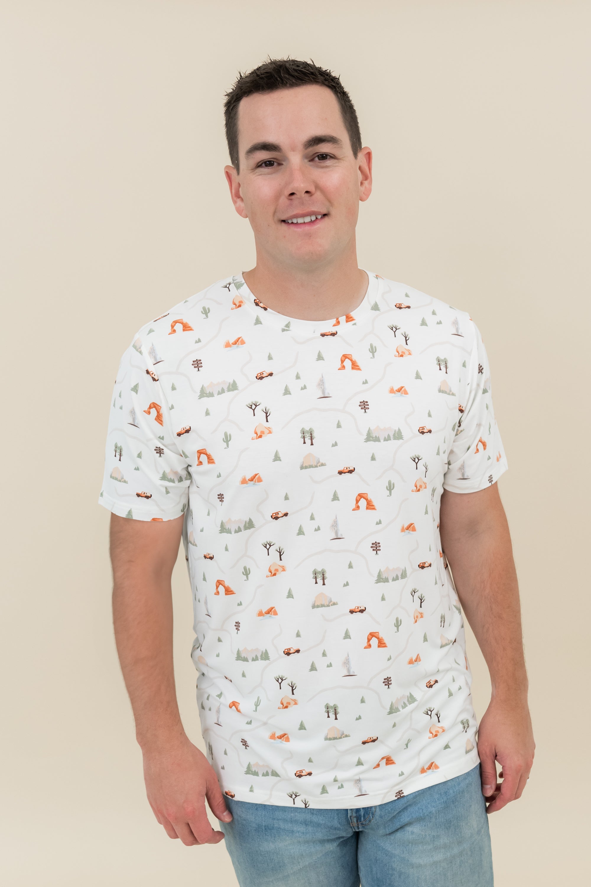 Man modeling Men's Crew Neck Tee in Road Trip 