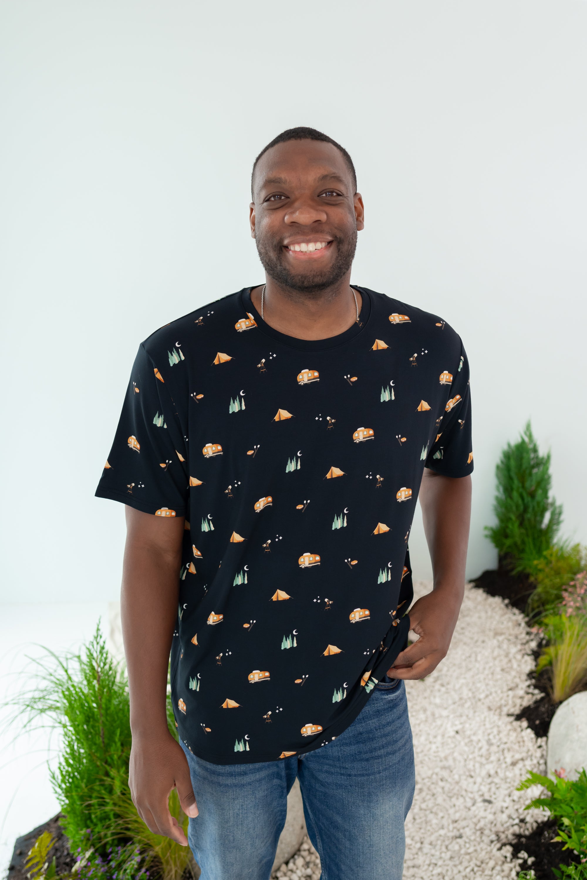Man modeling Men's Crew Neck Tee in Under the Stars