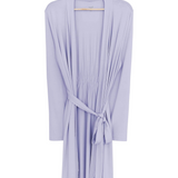 Light purple robe on a hanger against a white background