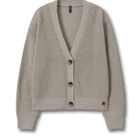 A light taupe ribbed knit cardigan sweater with a V-neck, button closure, and long sleeves, shown flat on a white background.