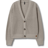 A light taupe ribbed knit cardigan sweater with a V-neck, button closure, and long sleeves, shown flat on a white background.