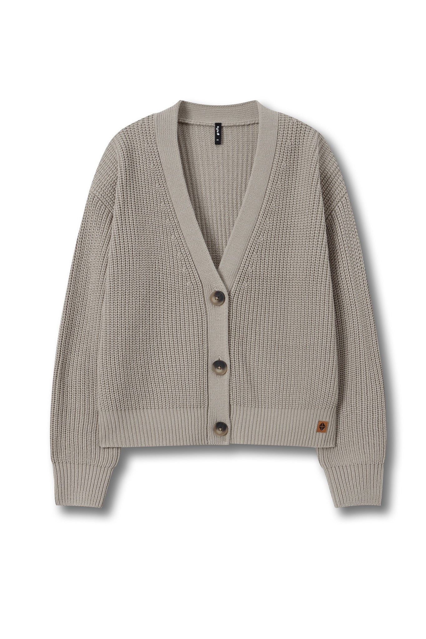 A light taupe ribbed knit cardigan sweater with a V-neck, button closure, and long sleeves, shown flat on a white background.