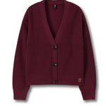 A burgundy ribbed knit cardigan sweater with a V-neck, three dark buttons, and a small tan brand patch on the lower left hem, displayed on a clean white background.