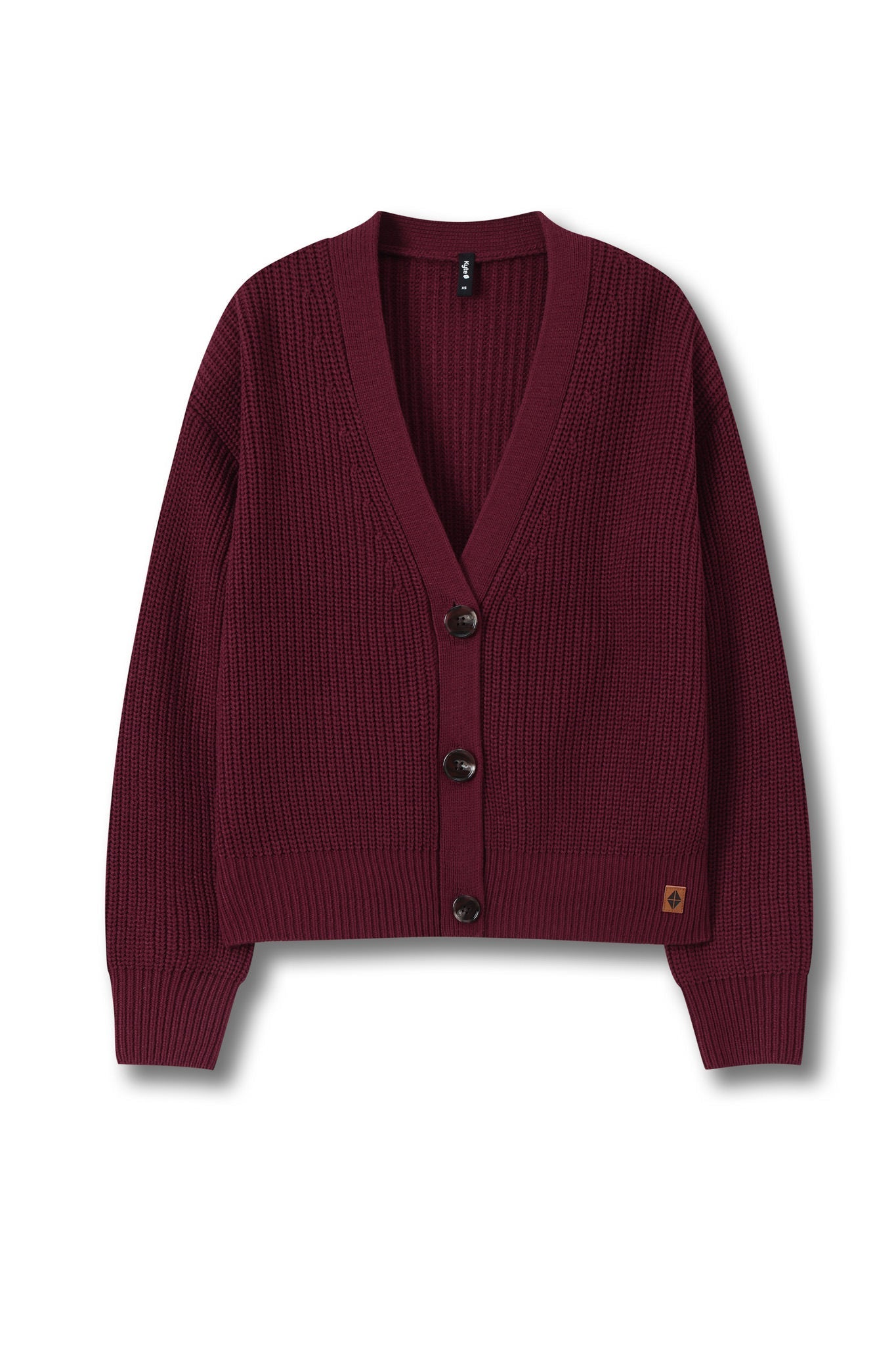A burgundy ribbed knit cardigan sweater with a V-neck, three dark buttons, and a small tan brand patch on the lower left hem, displayed on a clean white background.