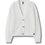 An off-white ribbed knit cardigan sweater with a V-neck, three front buttons, and a small brown brand tag near the lower right hem, displayed on a clean white background.