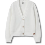 An off-white ribbed knit cardigan sweater with a V-neck, three front buttons, and a small brown brand tag near the lower right hem, displayed on a clean white background.