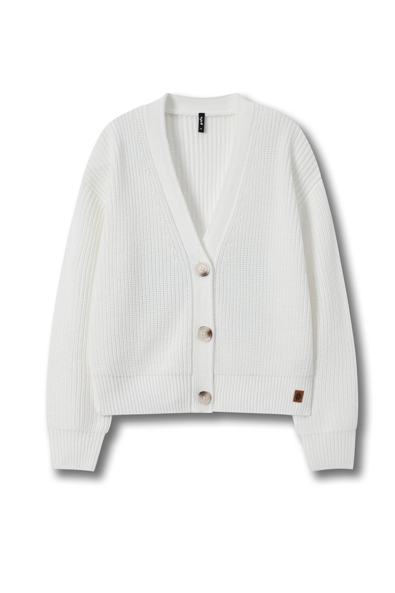 An off-white ribbed knit cardigan sweater with a V-neck, three front buttons, and a small brown brand tag near the lower right hem, displayed on a clean white background.