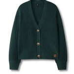 A dark green ribbed knit cardigan sweater with a V-neck, three brown buttons, and a small orange square patch on the lower left hem, displayed on a clean white background.