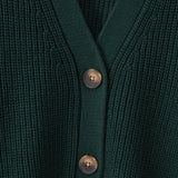 Close-up of a dark green ribbed knit cardigan with a V-neck and two metallic buttons.