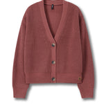 A dusty rose ribbed knit cardigan sweater with a V-neck, three front buttons, and long sleeves, shown flat against a white background.