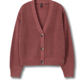 A dusty rose ribbed knit cardigan sweater with a V-neck, three front buttons, and long sleeves, shown flat against a white background.