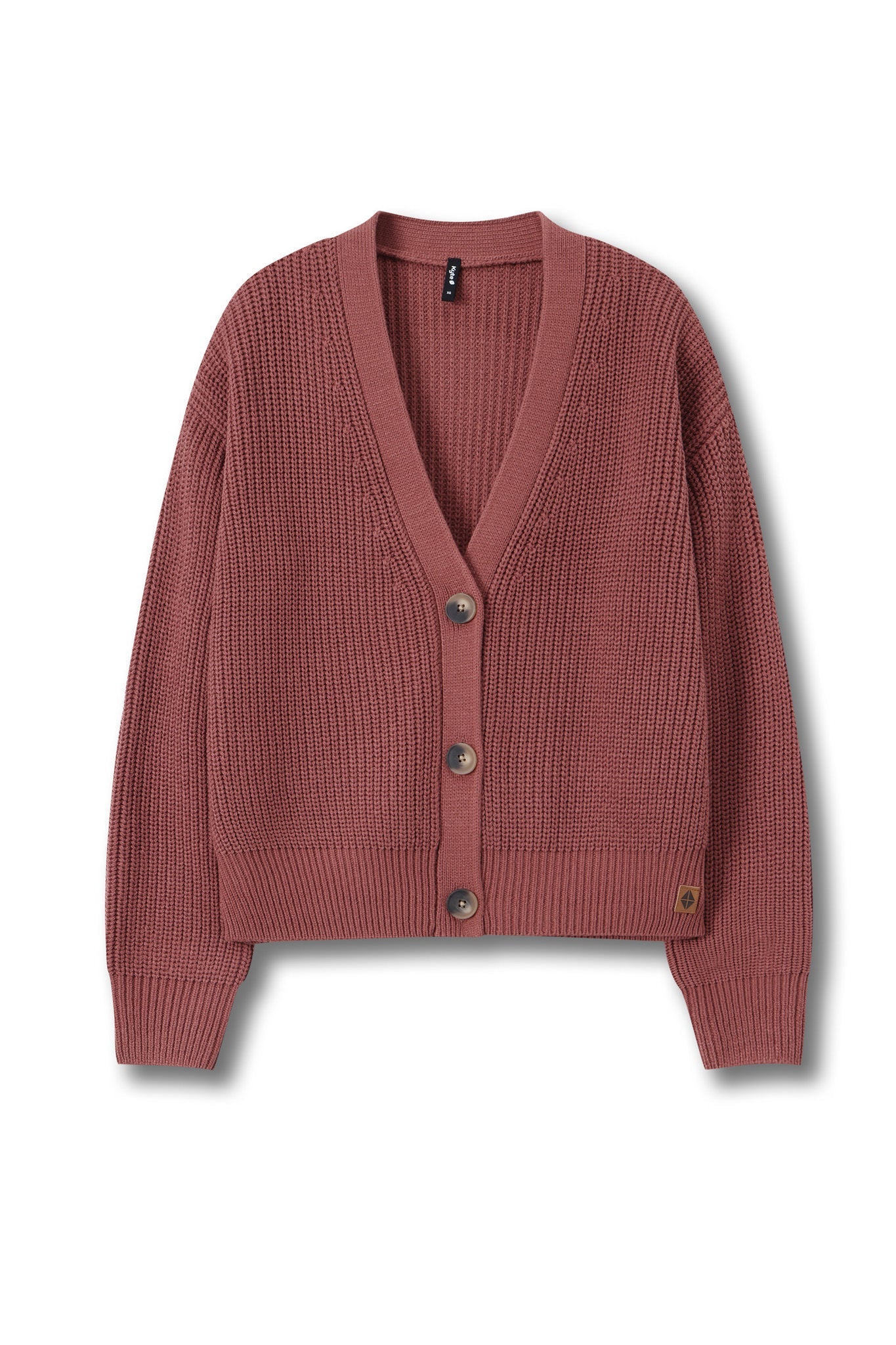 A dusty rose ribbed knit cardigan sweater with a V-neck, three front buttons, and long sleeves, shown flat against a white background.