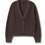 A dark brown ribbed knit cardigan sweater with a V-neck, three dark buttons, and a small orange brand patch on the lower left hem, displayed on a clean white background.