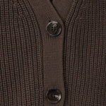 Close-up of a ribbed knit cardigan in dark brown with two dark buttons on a matching brown background.