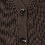 Close-up of a ribbed knit cardigan in dark brown with two dark buttons on a matching brown background.