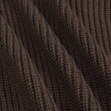 Close-up of a dark brown ribbed knit fabric texture with soft folds and a fine woven pattern.