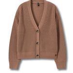 A cropped, long-sleeve ribbed knit cardigan in a warm taupe-brown color, featuring a V-neck, dark brown buttons, and a small embroidered logo on the lower left hem, displayed against a clean white background.