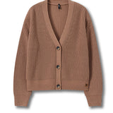 A cropped, long-sleeve ribbed knit cardigan in a warm taupe-brown color, featuring a V-neck, dark brown buttons, and a small embroidered logo on the lower left hem, displayed against a clean white background.