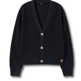A black ribbed knit cardigan sweater with a V-neck, three front buttons, and a small tan brand patch on the lower left hem, displayed on a clean white background.