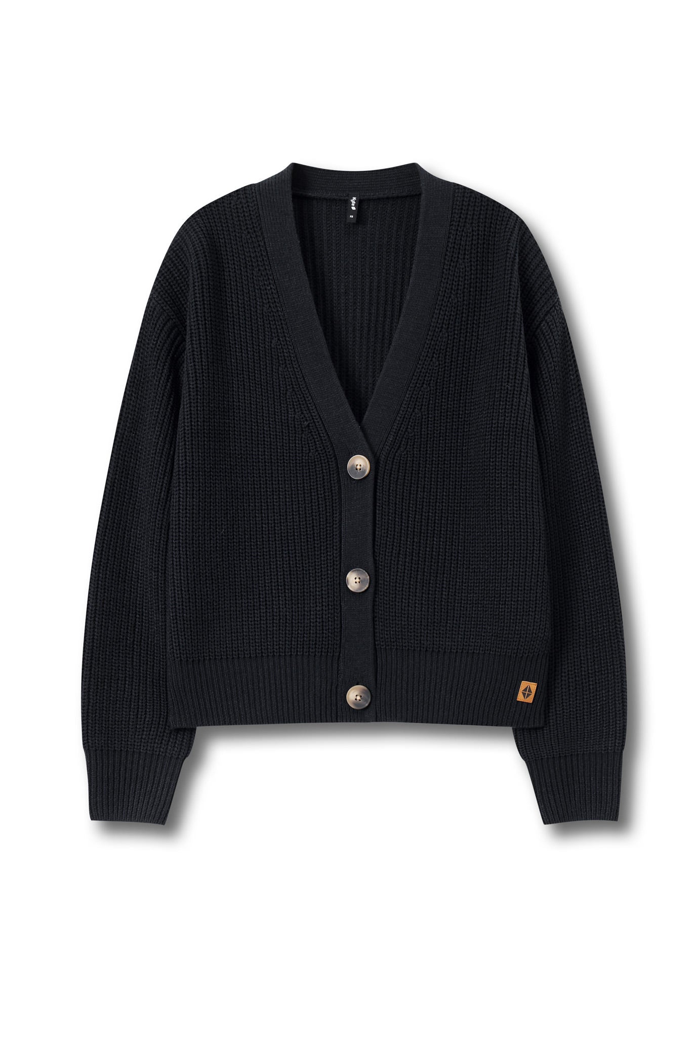 A black ribbed knit cardigan sweater with a V-neck, three front buttons, and a small tan brand patch on the lower left hem, displayed on a clean white background.
