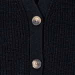 Close up of black knit cardigan with buttons