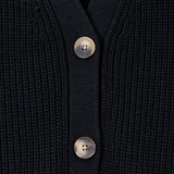 Close up of black knit cardigan with buttons