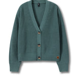 A teal green ribbed knit cardigan sweater with a V-neck, three brown buttons, and a small brown logo patch on the left sleeve cuff, displayed against a clean white background.