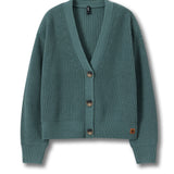 A teal green ribbed knit cardigan sweater with a V-neck, three brown buttons, and a small brown logo patch on the left sleeve cuff, displayed against a clean white background.