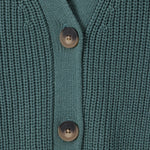 Close-up of a teal green ribbed knit cardigan sweater showing the button placket with two dark brown buttons.