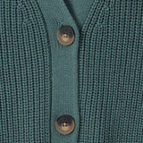 Close-up of a teal green ribbed knit cardigan sweater showing the button placket with two dark brown buttons.