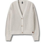 A cream-colored ribbed knit cardigan sweater with a V-neck, three-quarter sleeves, and a button-up front, shown against a plain white background.