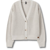 A cream-colored ribbed knit cardigan sweater with a V-neck, three-quarter sleeves, and a button-up front, shown against a plain white background.