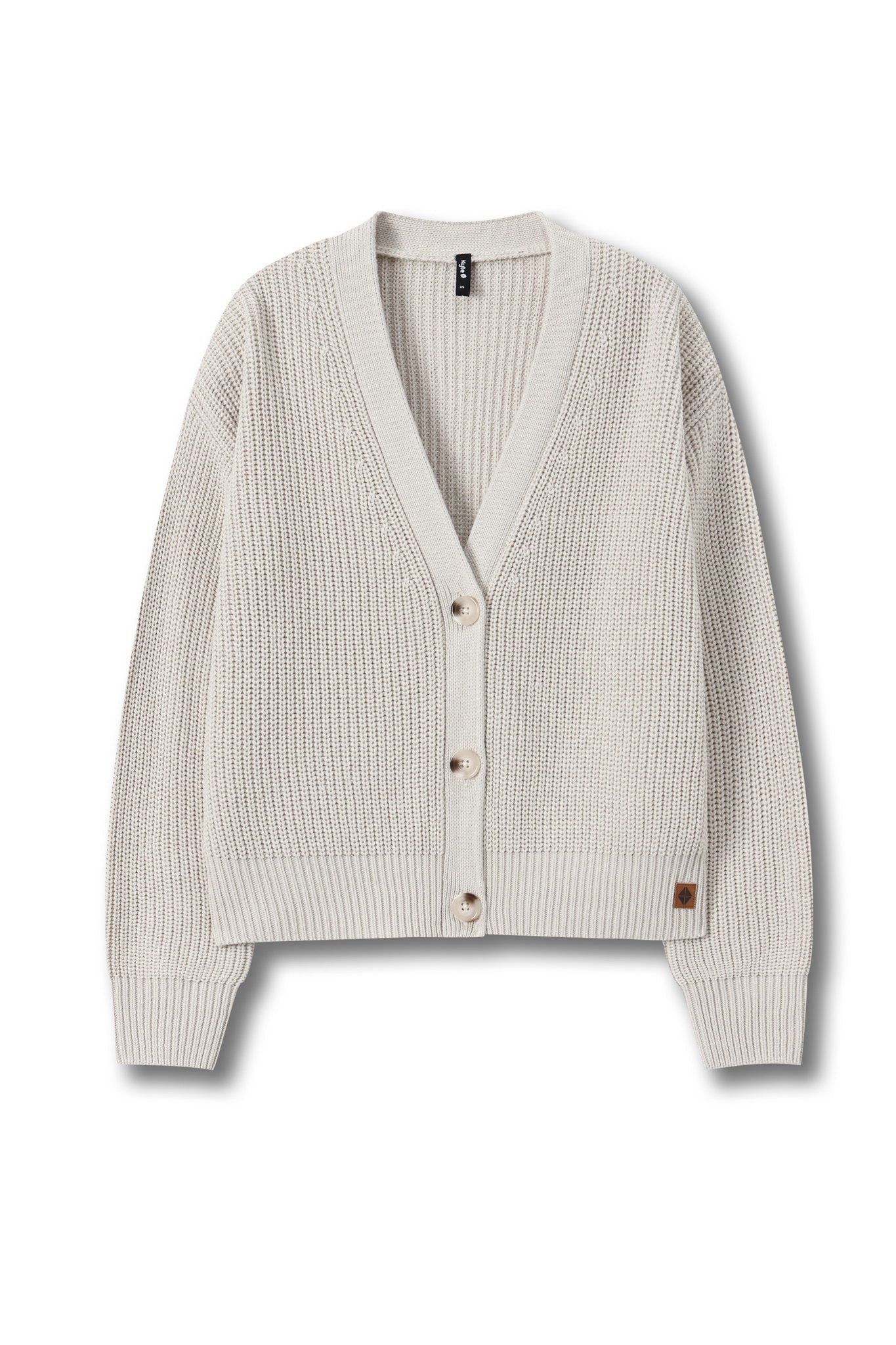 A cream-colored ribbed knit cardigan sweater with a V-neck, three-quarter sleeves, and a button-up front, shown against a plain white background.