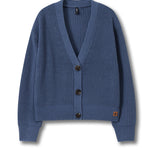 A blue ribbed knit cardigan sweater with a V-neck, three dark buttons, and a small orange embroidered logo on the lower left hem, displayed on a clean white background.