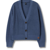 A blue ribbed knit cardigan sweater with a V-neck, three dark buttons, and a small orange embroidered logo on the lower left hem, displayed on a clean white background.