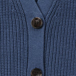 Close-up of a blue ribbed knit cardigan with dark brown buttons on a white background.