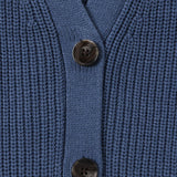 Close-up of a blue ribbed knit cardigan with dark brown buttons on a white background.